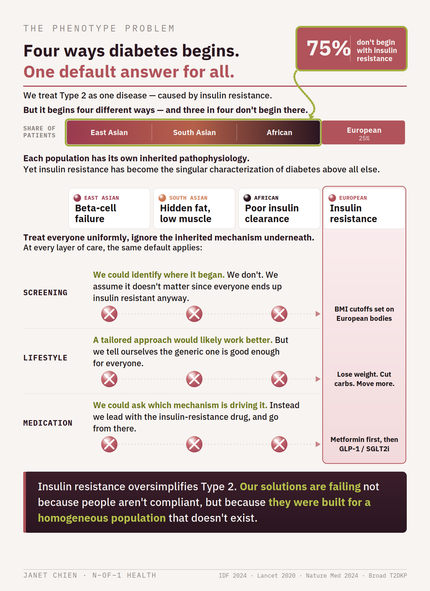 The Phenotype Problem — four ways diabetes begins, one default answer for all. 75% of people with Type 2 diabetes do not begin with insulin resistance, yet screening, lifestyle advice, and medication all default to the insulin-resistance playbook.